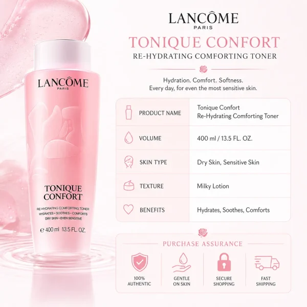 Lancôme Tonique Confort milky hydrating toner with hyaluronic acid, 400ml. Lancôme Tonique Confort Hyaluronic Acid Toner 400ml
