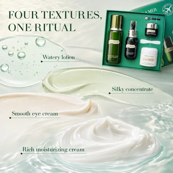 # LA MER 4-Piece Skin Care Set Discover a complete La Mer skincare ritual with this luxurious 4-piece skin care set, featuring four iconic treatments designed to hydrate, prepare, strengthen and care for the skin. The collection brings together **Crème de la Mer, The Treatment Lotion, The Concentrate and The Eye Concentrate**, creating a sophisticated daily skincare routine inspired by La Mer's signature Miracle Broth™. From the silky hydration of The Treatment Lotion to the restorative care of The Concentrate and the nourishing comfort of Crème de la Mer, each formula complements the next step of your skincare ritual. The Eye Concentrate provides targeted care for the delicate eye area, helping reduce the appearance of dark circles, lines and wrinkles. ### What's Included **1. Crème de la Mer** La Mer's iconic ultra-rich moisturizer, ideal for drier skin. Its luxurious texture delivers rich hydration while helping skin look smoother, softer and more radiant. **2. The Treatment Lotion** A silky, lightweight hydrator designed to energize and prepare the skin for the treatments that follow. **3. The Concentrate** A velvet-smooth treatment serum formulated to strengthen, visibly soothe and protect the skin barrier. **4. The Eye Concentrate** A concentrated eye treatment designed to reduce the appearance of dark circles, lines and wrinkles while caring for the delicate eye area. ### Key Benefits * Complete four-step luxury skincare ritual * Provides rich, replenishing hydration * Helps prepare skin for subsequent treatments * Helps visibly soothe and strengthen the skin barrier * Helps improve the appearance of skin smoothness and radiance * Targets visible signs of aging around the eye area * Features La Mer's signature Miracle Broth™ skincare heritage * Ideal for creating a refined daily skincare routine * An elegant luxury skincare gift set ### Recommended Skincare Routine **Step 1 – Prepare** Apply The Treatment Lotion after cleansing to hydrate and prepare the skin. **Step 2 – Treat** Apply The Concentrate to help soothe and strengthen the skin barrier. **Step 3 – Eye Care** Apply The Eye Concentrate gently around the eye area. **Step 4 – Moisturize** Finish with Crème de la Mer to lock in moisture and leave skin feeling nourished and comforted. ### The La Mer Experience From preparation to treatment, eye care and moisturization, this four-piece collection brings together some of La Mer's most recognizable skincare essentials in one elevated ritual. Each formula is designed to complement the others, helping transform everyday skincare into a luxurious, sensorial experience. # LA MER 4-Piece Skin Care Set Discover a complete La Mer skincare ritual with this luxurious 4-piece skin care set, featuring four iconic treatments designed to hydrate, prepare, strengthen and care for the skin. The collection brings together **Crème de la Mer, The Treatment Lotion, The Concentrate and The Eye Concentrate**, creating a sophisticated daily skincare routine inspired by La Mer's signature Miracle Broth™. From the silky hydration of The Treatment Lotion to the restorative care of The Concentrate and the nourishing comfort of Crème de la Mer, each formula complements the next step of your skincare ritual. The Eye Concentrate provides targeted care for the delicate eye area, helping reduce the appearance of dark circles, lines and wrinkles. ### What's Included **1. Crème de la Mer** La Mer's iconic ultra-rich moisturizer, ideal for drier skin. Its luxurious texture delivers rich hydration while helping skin look smoother, softer and more radiant. **2. The Treatment Lotion** A silky, lightweight hydrator designed to energize and prepare the skin for the treatments that follow. **3. The Concentrate** A velvet-smooth treatment serum formulated to strengthen, visibly soothe and protect the skin barrier. **4. The Eye Concentrate** A concentrated eye treatment designed to reduce the appearance of dark circles, lines and wrinkles while caring for the delicate eye area. ### Key Benefits * Complete four-step luxury skincare ritual * Provides rich, replenishing hydration * Helps prepare skin for subsequent treatments * Helps visibly soothe and strengthen the skin barrier * Helps improve the appearance of skin smoothness and radiance * Targets visible signs of aging around the eye area * Features La Mer's signature Miracle Broth™ skincare heritage * Ideal for creating a refined daily skincare routine * An elegant luxury skincare gift set ### Recommended Skincare Routine **Step 1 – Prepare** Apply The Treatment Lotion after cleansing to hydrate and prepare the skin. **Step 2 – Treat** Apply The Concentrate to help soothe and strengthen the skin barrier. **Step 3 – Eye Care** Apply The Eye Concentrate gently around the eye area. **Step 4 – Moisturize** Finish with Crème de la Mer to lock in moisture and leave skin feeling nourished and comforted. ### The La Mer Experience From preparation to treatment, eye care and moisturization, this four-piece collection brings together some of La Mer's most recognizable skincare essentials in one elevated ritual. Each formula is designed to complement the others, helping transform everyday skincare into a luxurious, sensorial experience.